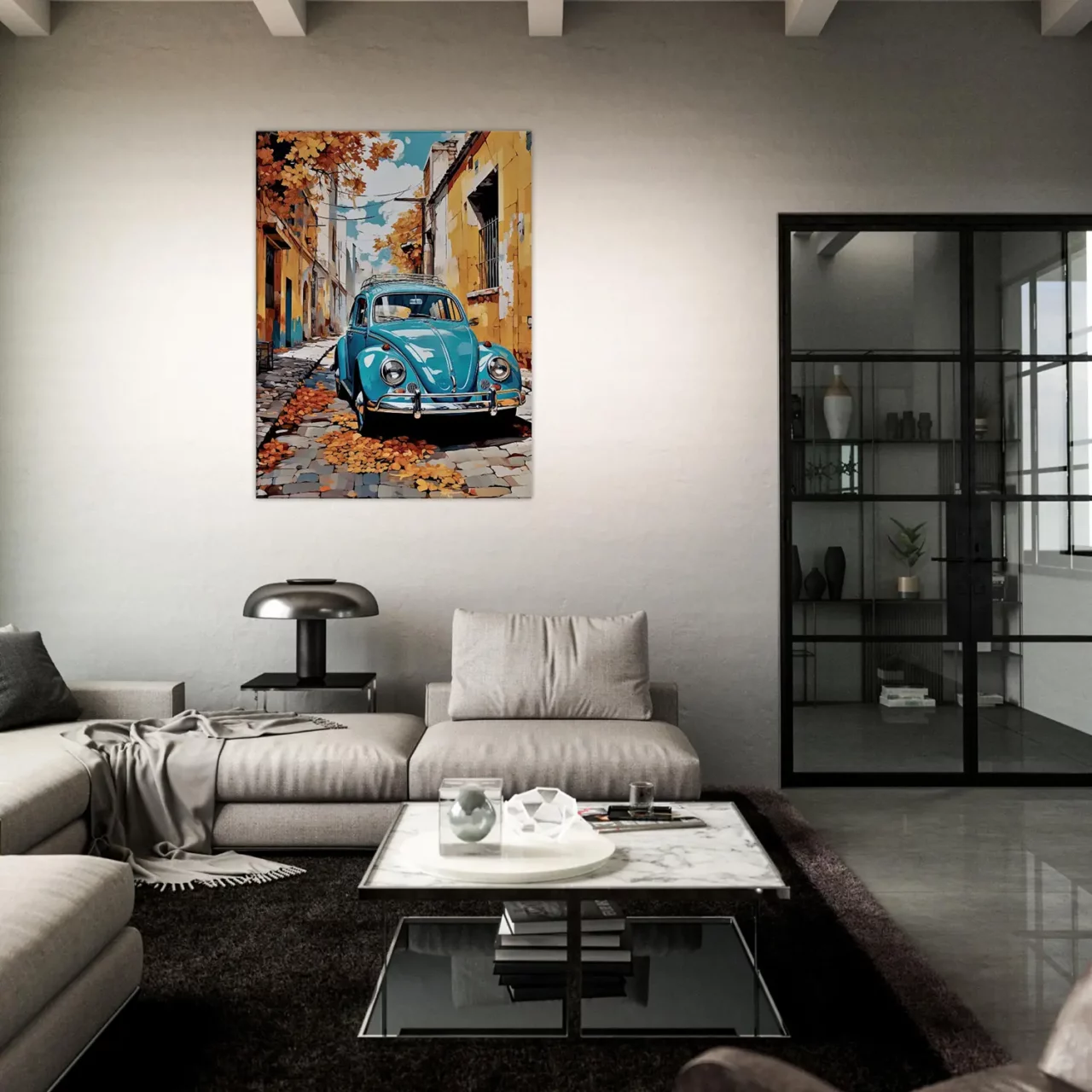 coccinelle bleue dans un village automnal