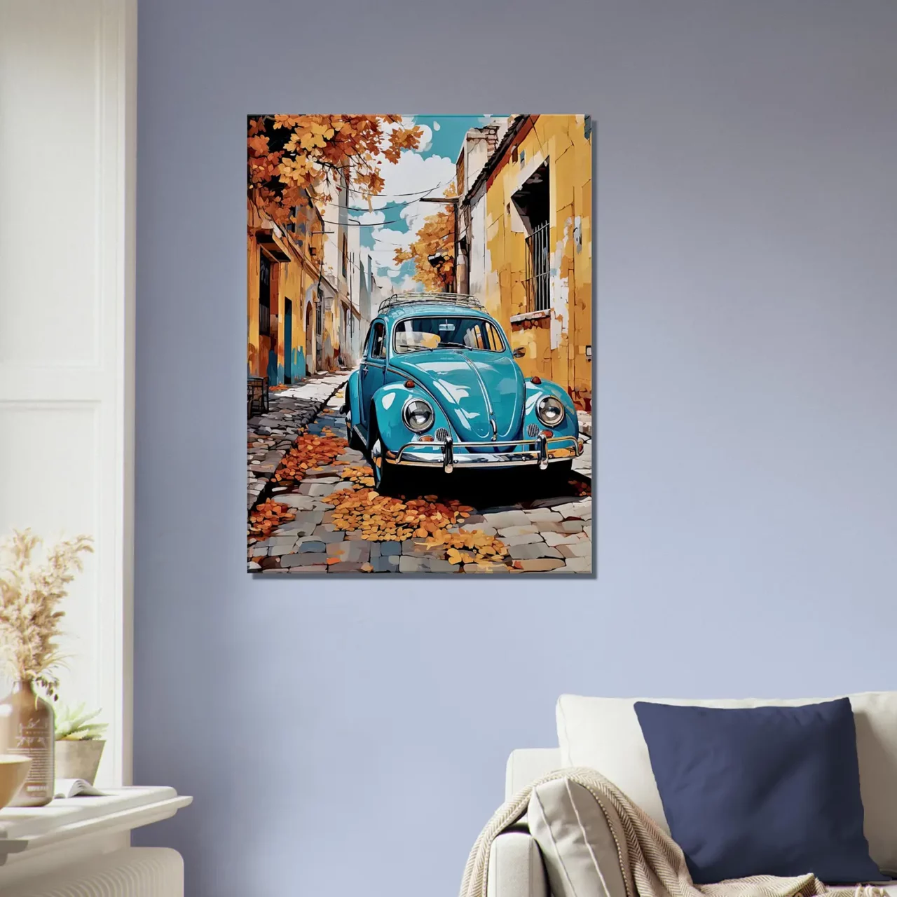 coccinelle bleue dans un village automnal