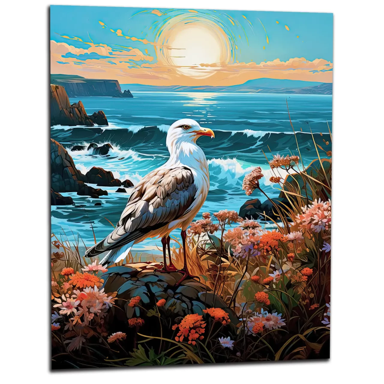 mouette sur une côte accidentée fleurie