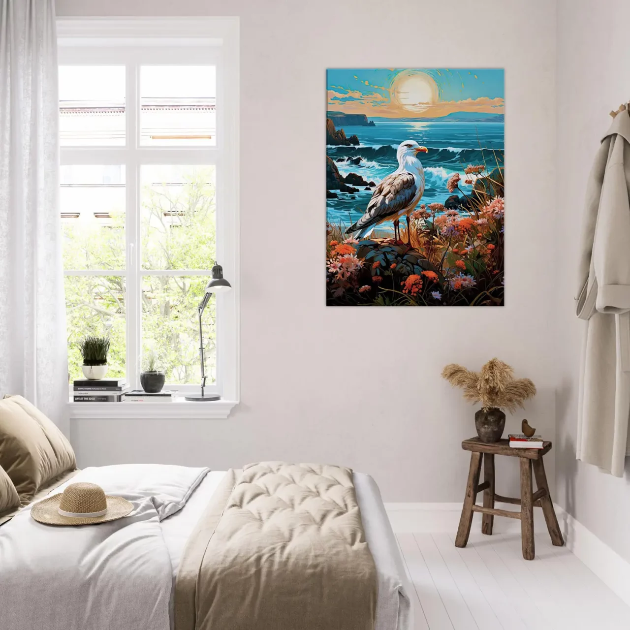 mouette sur une côte accidentée fleurie