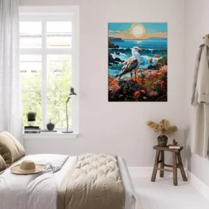 mouette sur une côte accidentée fleurie