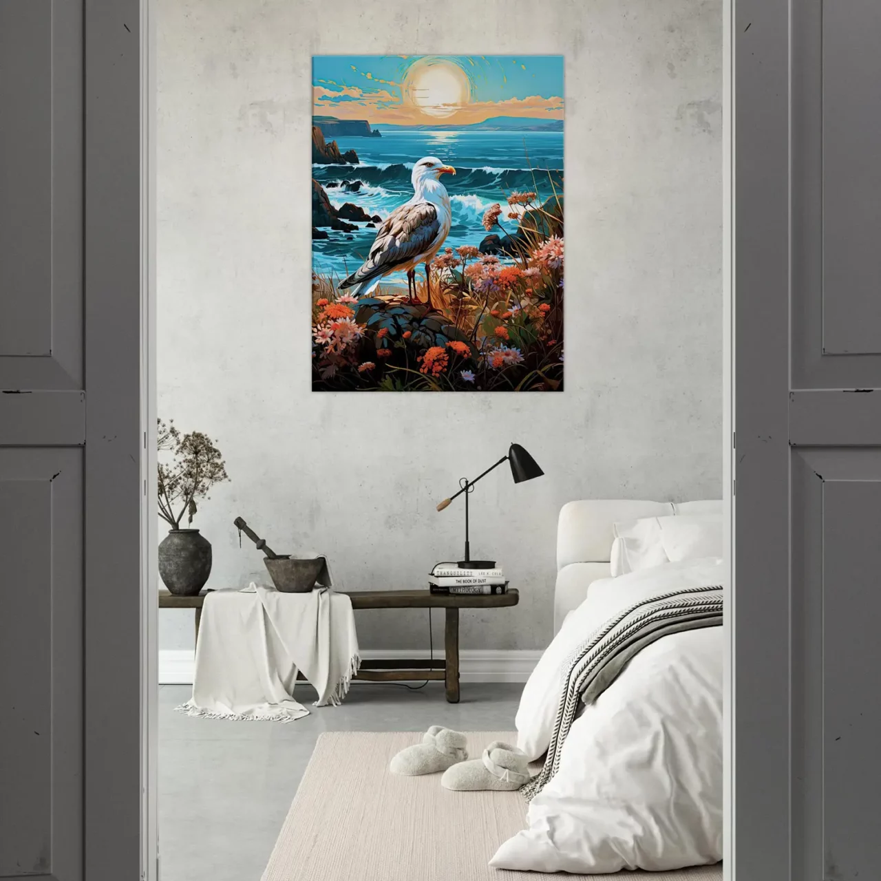 mouette sur une côte accidentée fleurie