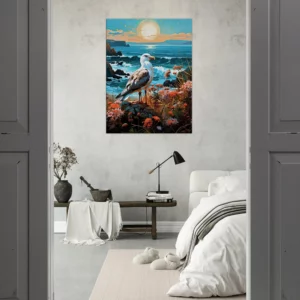 mouette sur une côte accidentée fleurie