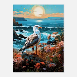 mouette sur une côte accidentée fleurie