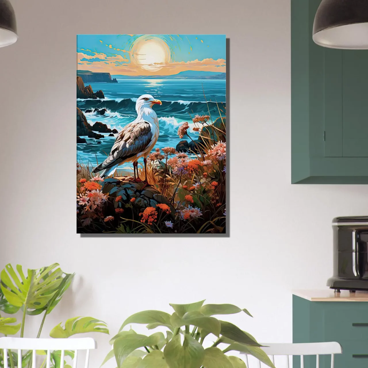 mouette sur une côte accidentée fleurie