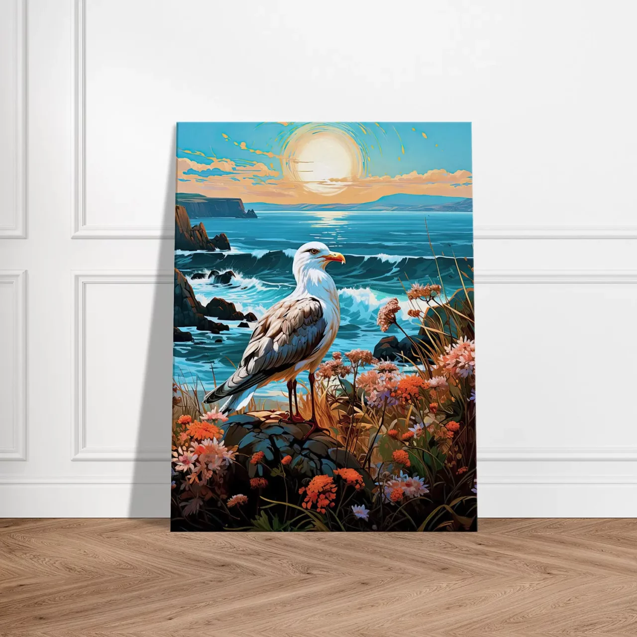 mouette sur une côte accidentée fleurie