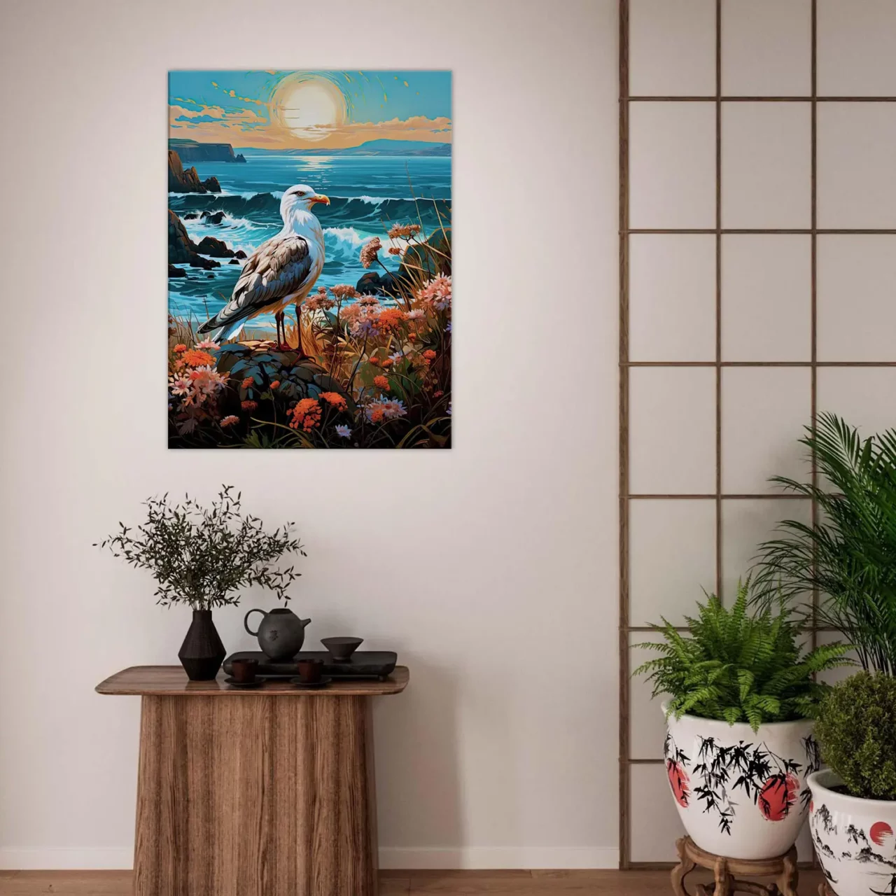 mouette sur une côte accidentée fleurie