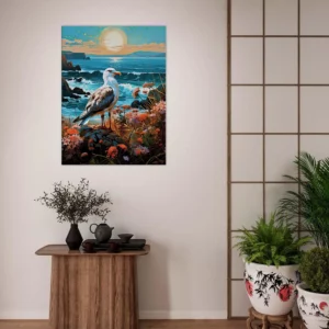 mouette sur une côte accidentée fleurie