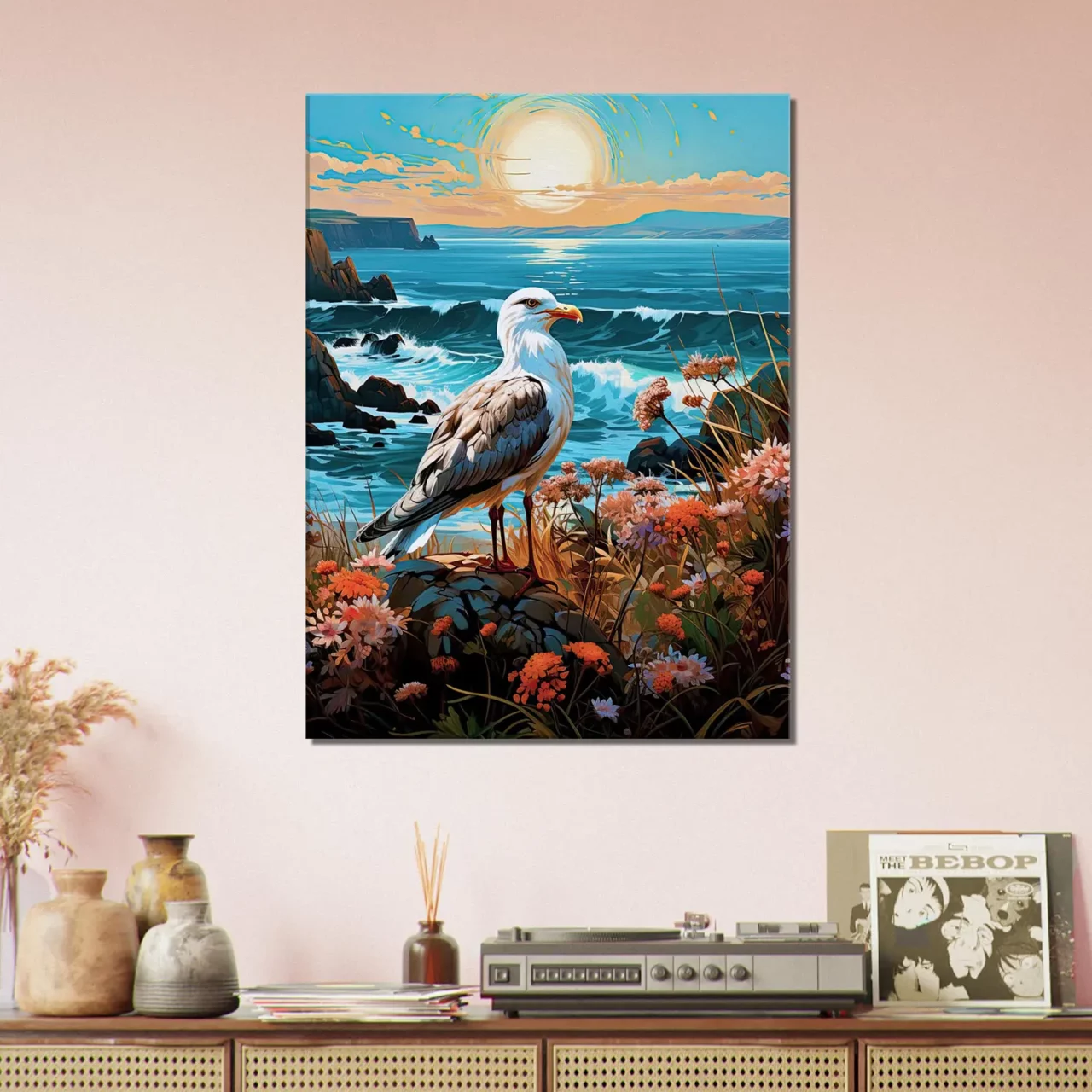 mouette sur une côte accidentée fleurie