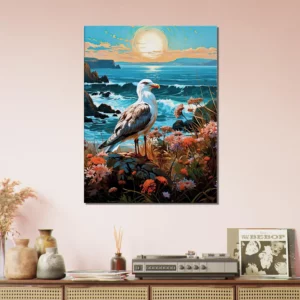 mouette sur une côte accidentée fleurie