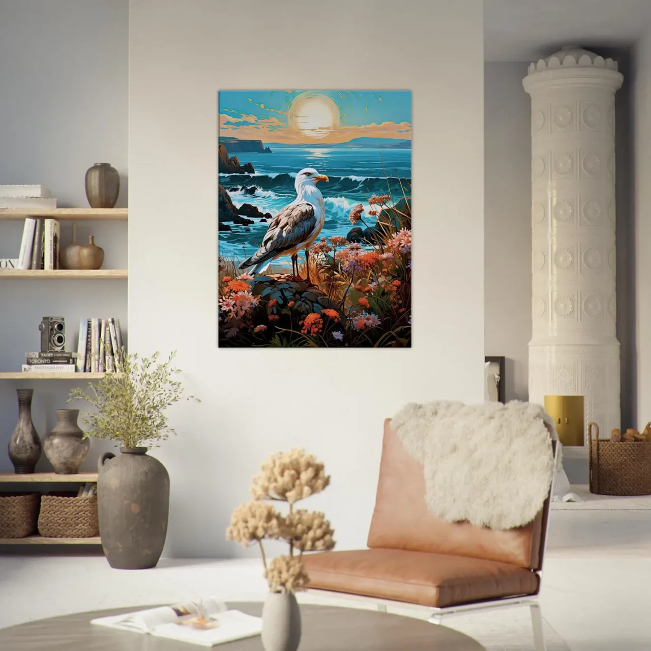 mouette sur une côte accidentée fleurie