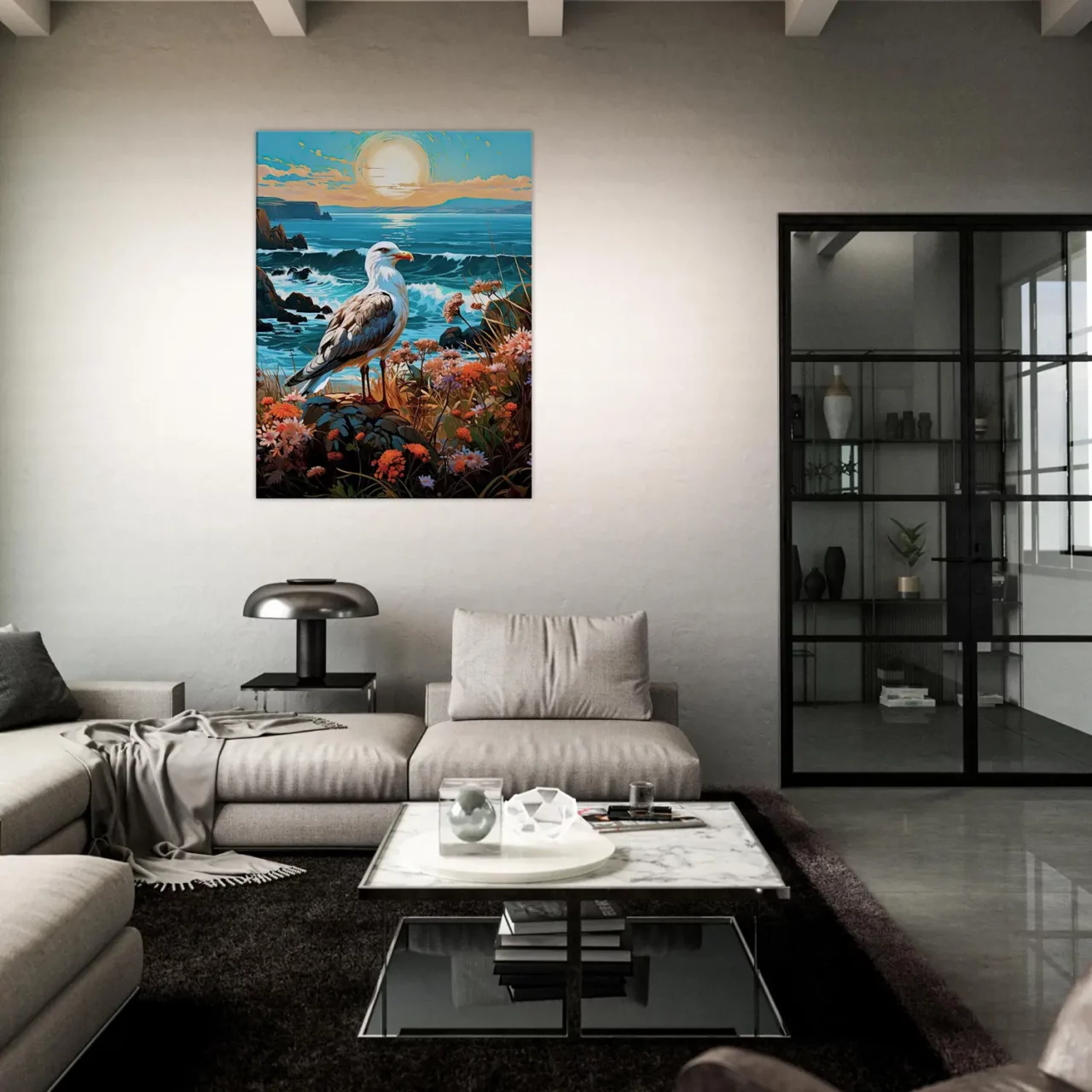 mouette sur une côte accidentée fleurie