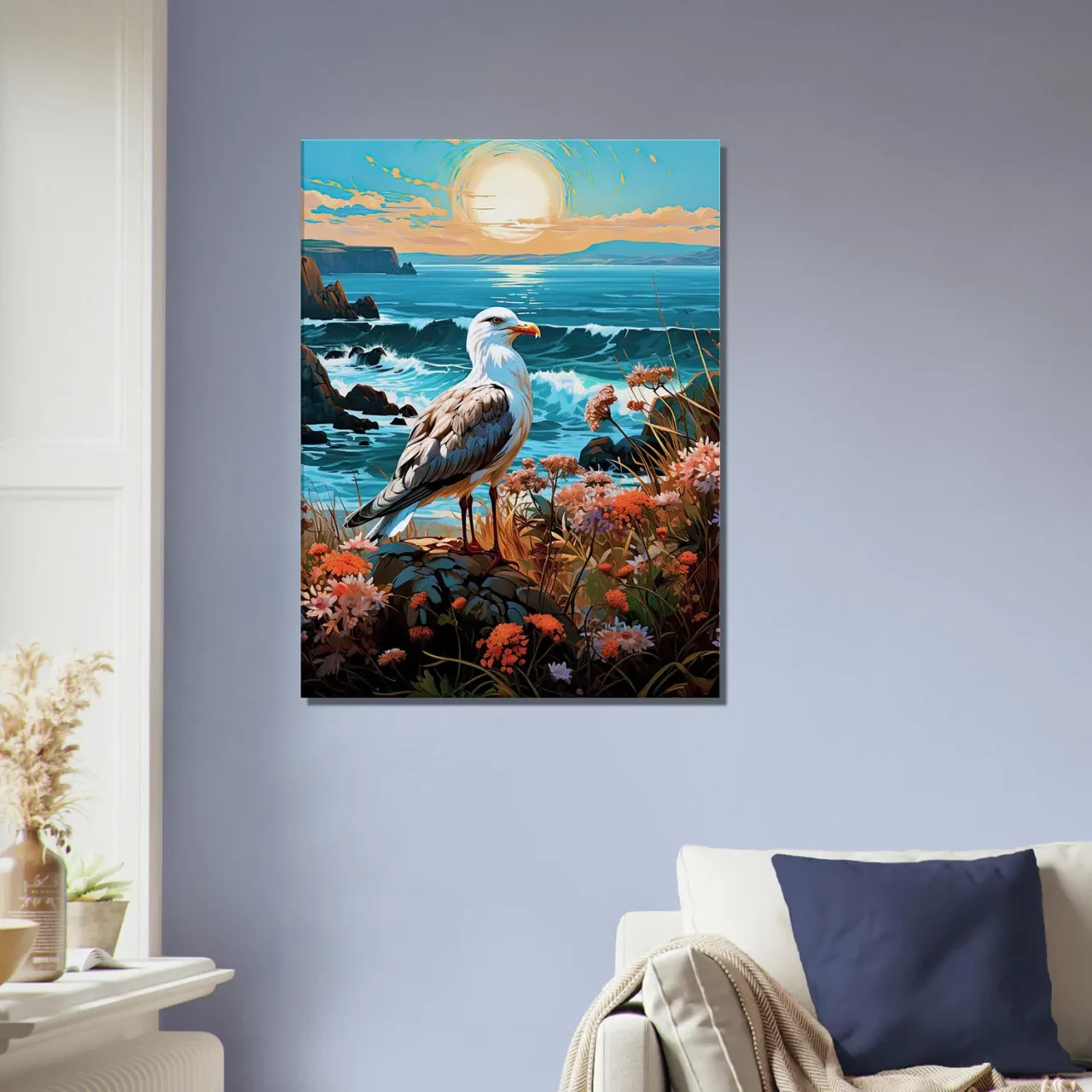 mouette sur une côte accidentée fleurie