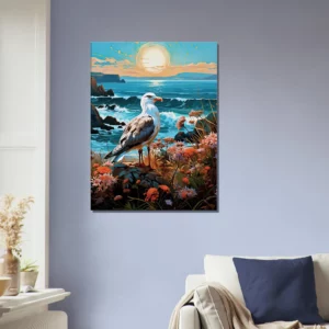 mouette sur une côte accidentée fleurie