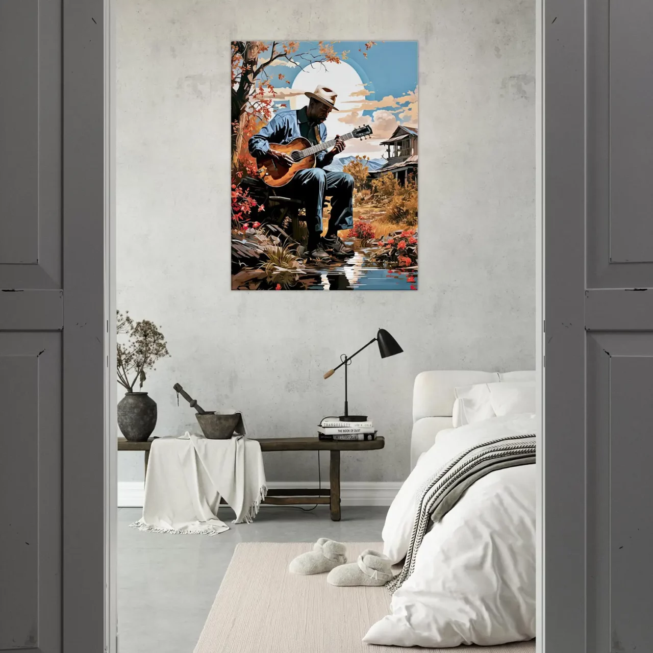 Cadre Musicien jouant de la guitare sous un arbre musicien jouant de la guitare sous un arbre