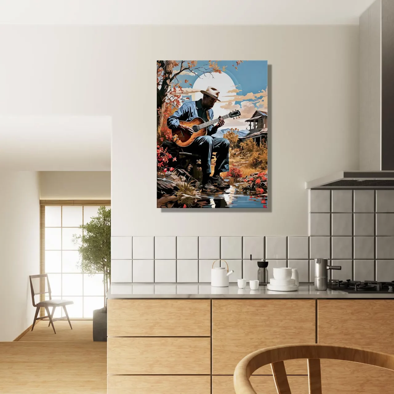 Cadre Musicien jouant de la guitare sous un arbre musicien jouant de la guitare sous un arbre