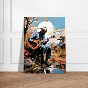 Cadre Musicien jouant de la guitare sous un arbre musicien jouant de la guitare sous un arbre