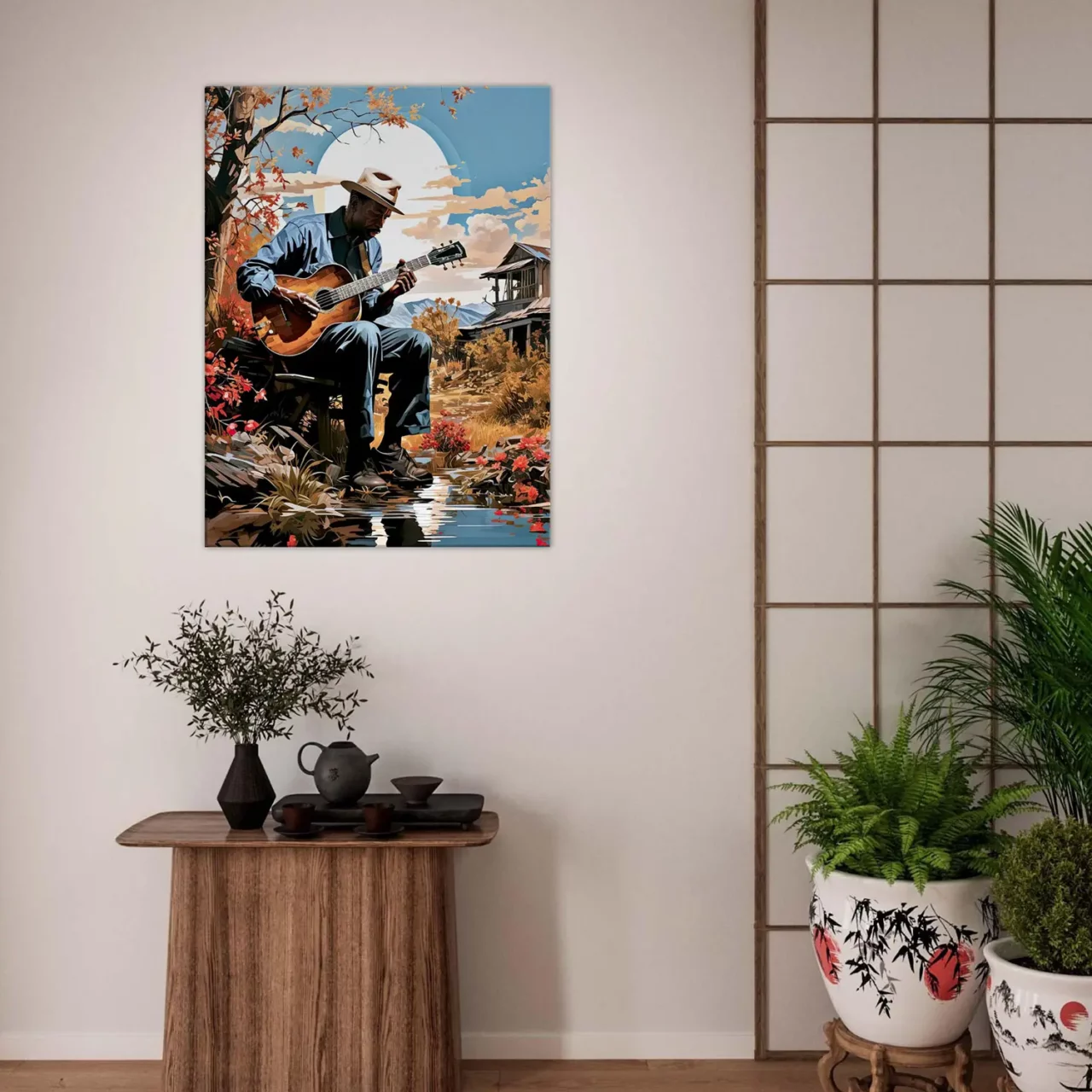 Cadre Musicien jouant de la guitare sous un arbre musicien jouant de la guitare sous un arbre