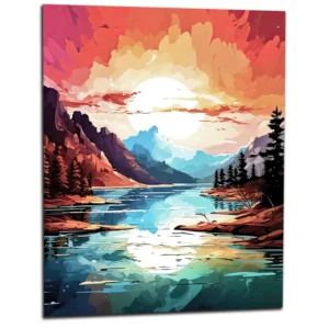 Tableau Paysage lac et coucher de soleil brulant