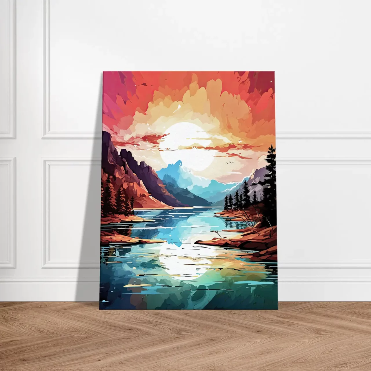 Tableau Paysage lac et coucher de soleil brulant paysage lac et coucher de soleil brulant