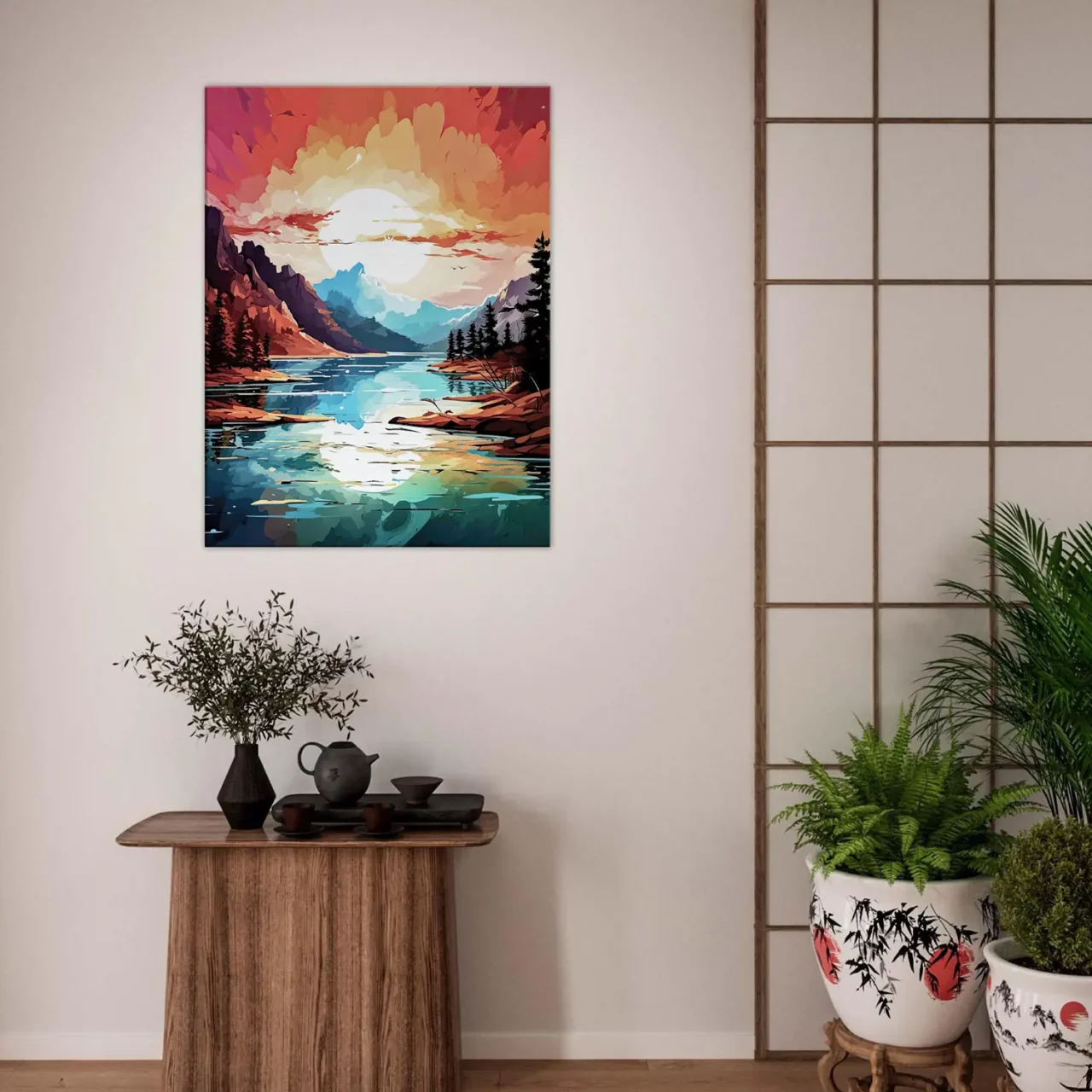 Tableau Paysage lac et coucher de soleil brulant paysage lac et coucher de soleil brulant