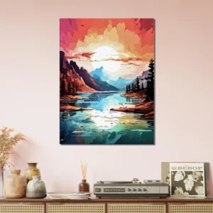 Tableau Paysage lac et coucher de soleil brulant paysage lac et coucher de soleil brulant
