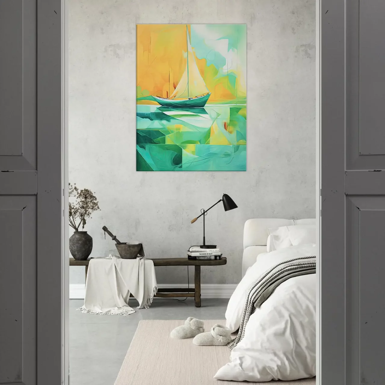 petit voilier abstrait vert et jaune