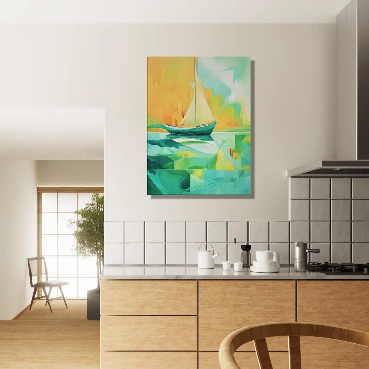 petit voilier abstrait vert et jaune