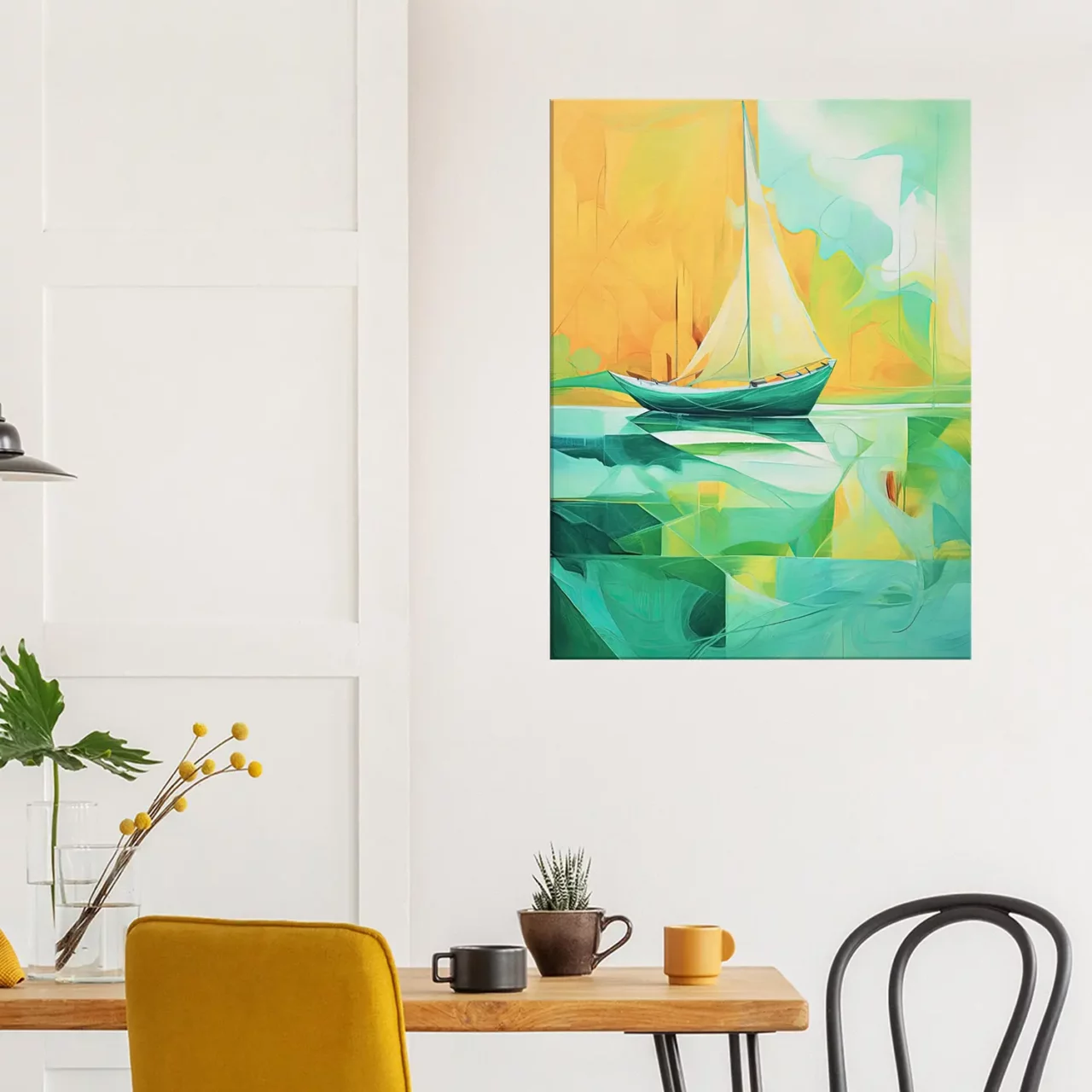 petit voilier abstrait vert et jaune
