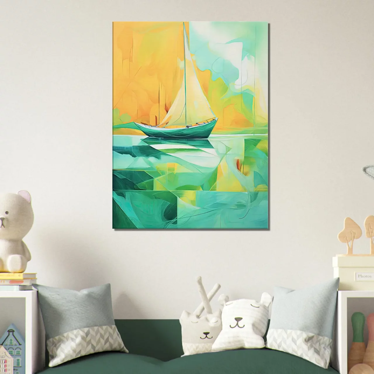 petit voilier abstrait vert et jaune