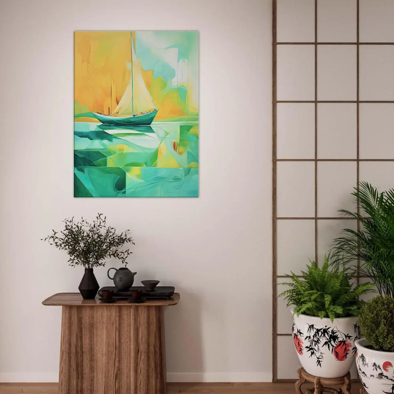 petit voilier abstrait vert et jaune