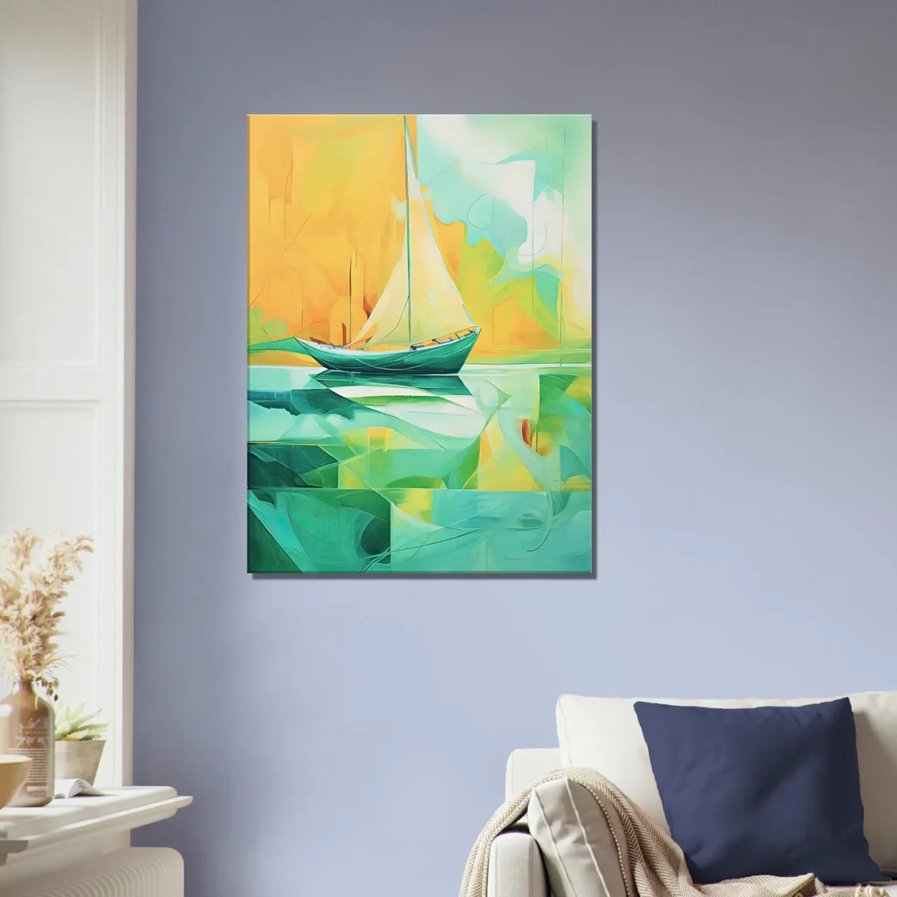 petit voilier abstrait vert et jaune