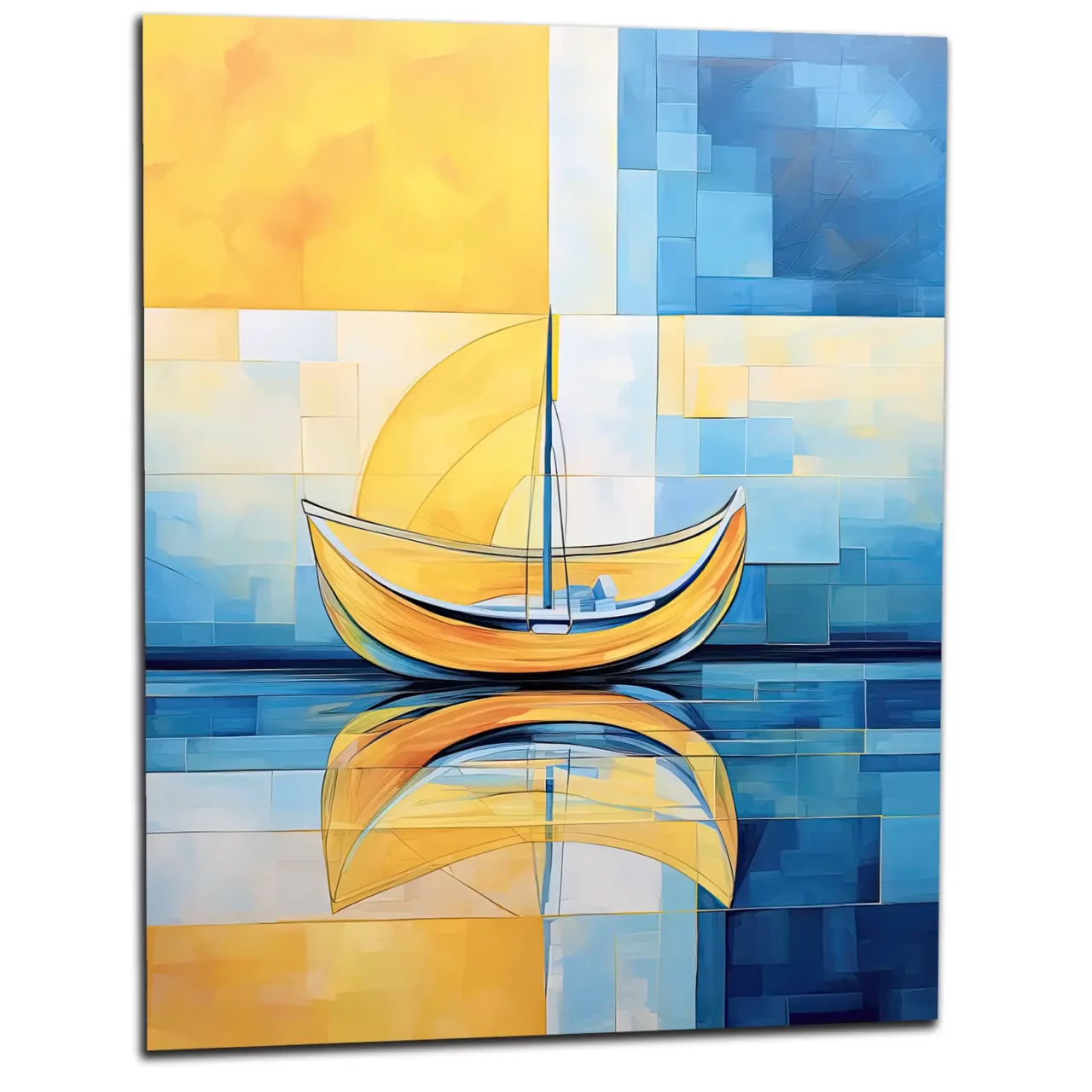 Petit voilier sur la mer Cadre Abstrait Jaune et bleu petit voilier sur la mer abstrait jaune et bleu