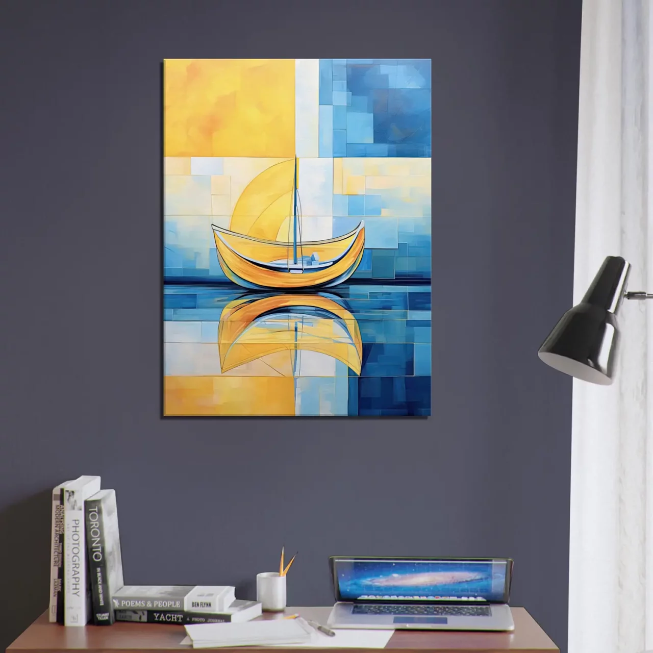 Petit voilier sur la mer Cadre Abstrait Jaune et bleu petit voilier sur la mer abstrait jaune et bleu