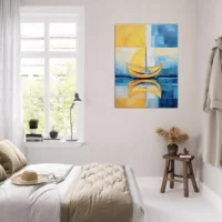 petit voilier sur la mer abstrait jaune et bleu