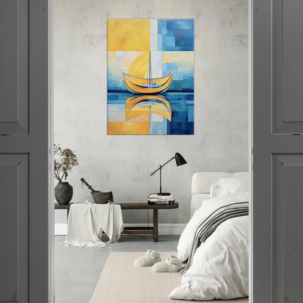 Petit voilier sur la mer Cadre Abstrait Jaune et bleu petit voilier sur la mer abstrait jaune et bleu