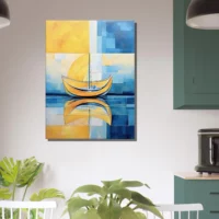 petit voilier sur la mer abstrait jaune et bleu