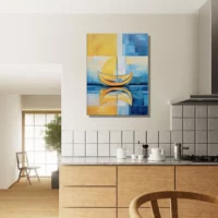 petit voilier sur la mer abstrait jaune et bleu