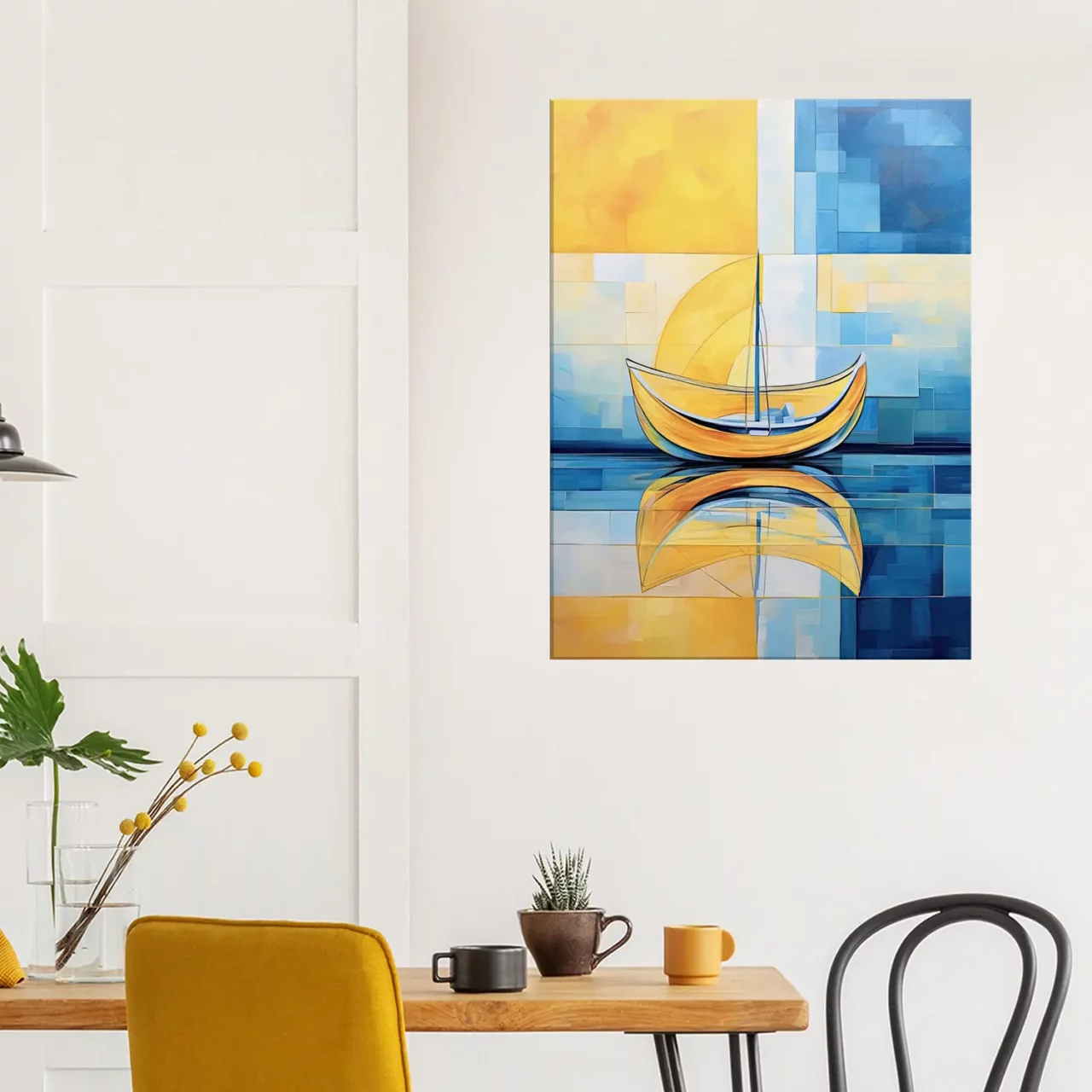 Petit voilier sur la mer Cadre Abstrait Jaune et bleu petit voilier sur la mer abstrait jaune et bleu