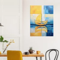 petit voilier sur la mer abstrait jaune et bleu