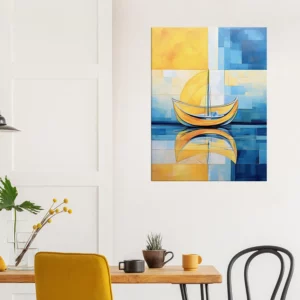 Petit voilier sur la mer Cadre Abstrait Jaune et bleu petit voilier sur la mer abstrait jaune et bleu