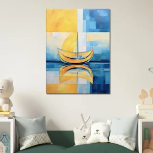 Petit voilier sur la mer Cadre Abstrait Jaune et bleu petit voilier sur la mer abstrait jaune et bleu