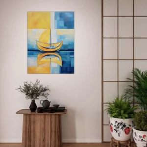 Petit voilier sur la mer Cadre Abstrait Jaune et bleu petit voilier sur la mer abstrait jaune et bleu