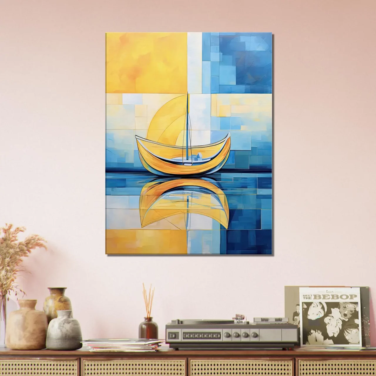 Petit voilier sur la mer Cadre Abstrait Jaune et bleu petit voilier sur la mer abstrait jaune et bleu