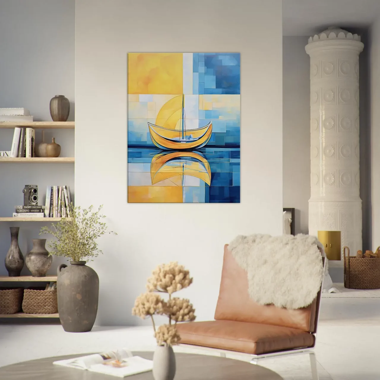 Petit voilier sur la mer Cadre Abstrait Jaune et bleu petit voilier sur la mer abstrait jaune et bleu