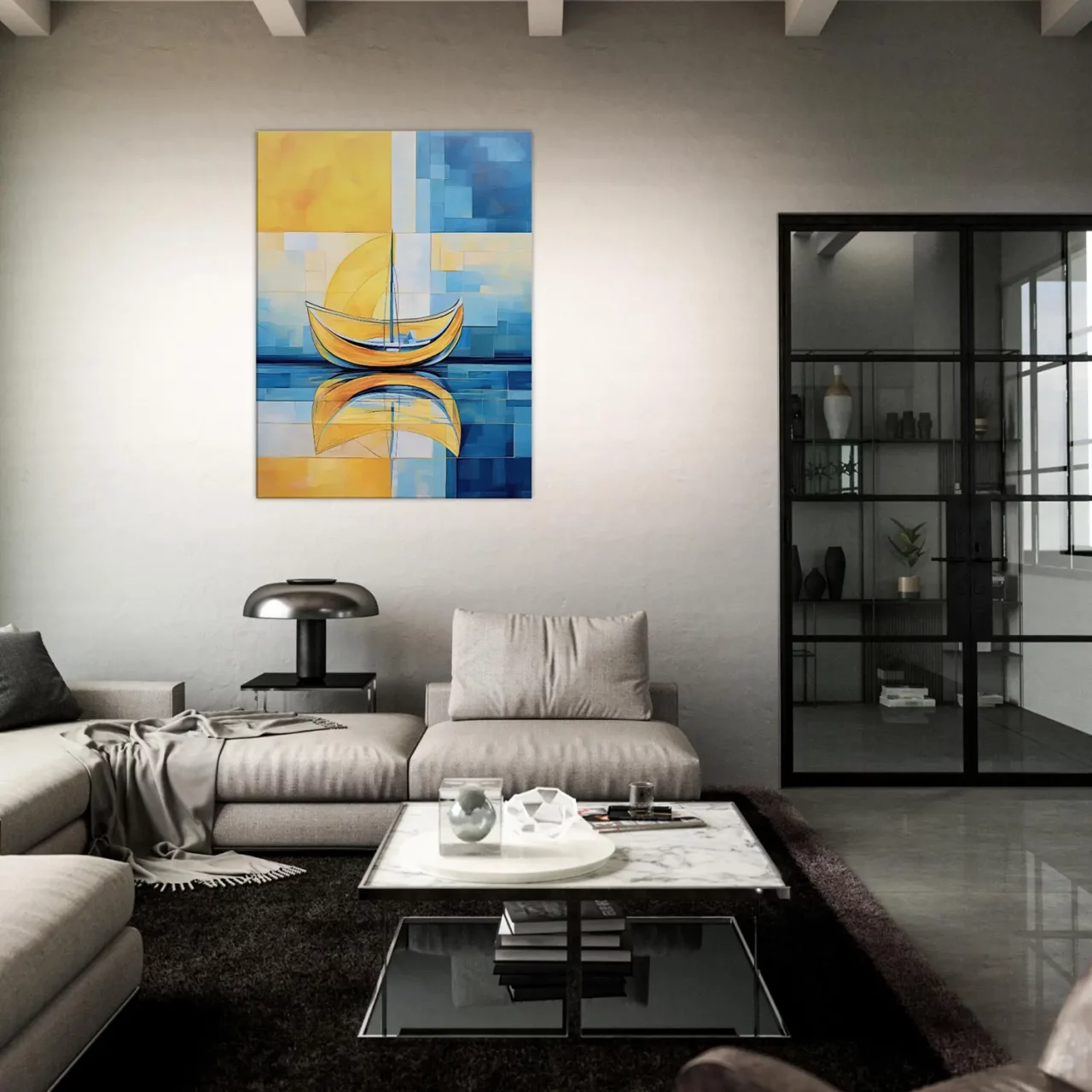 Petit voilier sur la mer Cadre Abstrait Jaune et bleu petit voilier sur la mer abstrait jaune et bleu