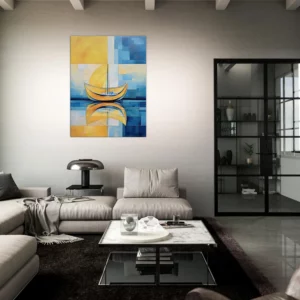 Petit voilier sur la mer Cadre Abstrait Jaune et bleu petit voilier sur la mer abstrait jaune et bleu