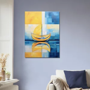 Petit voilier sur la mer Cadre Abstrait Jaune et bleu petit voilier sur la mer abstrait jaune et bleu