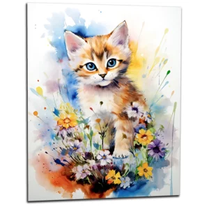 Douceur Florale : Chaton parmi les Fleurs en Aquarelle