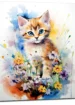 aquarelle chaton et fleurs